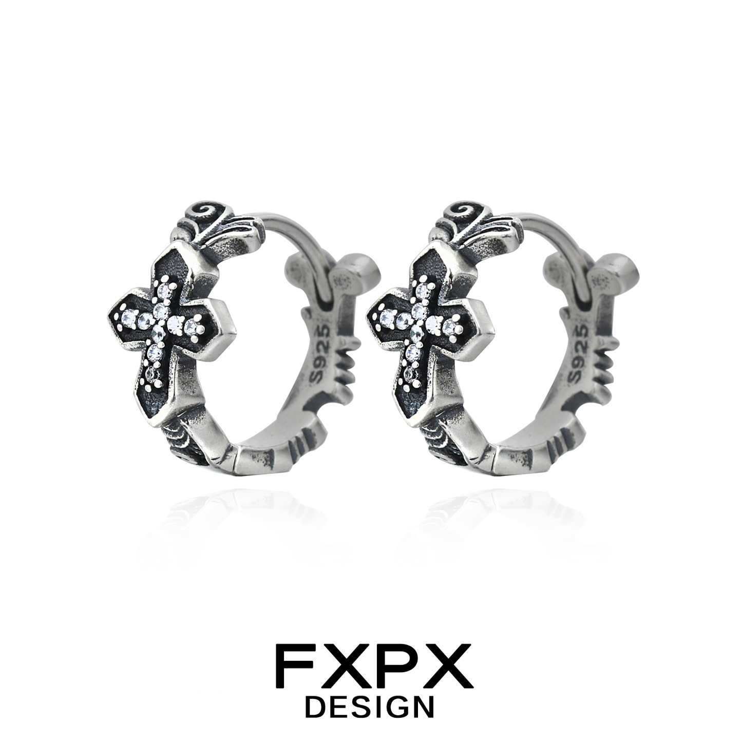 FXPX gothic cross earrings in silver with rhinestone accents for a stylish gothic look