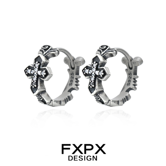 FXPX gothic cross earrings in silver with rhinestone accents for a stylish gothic look