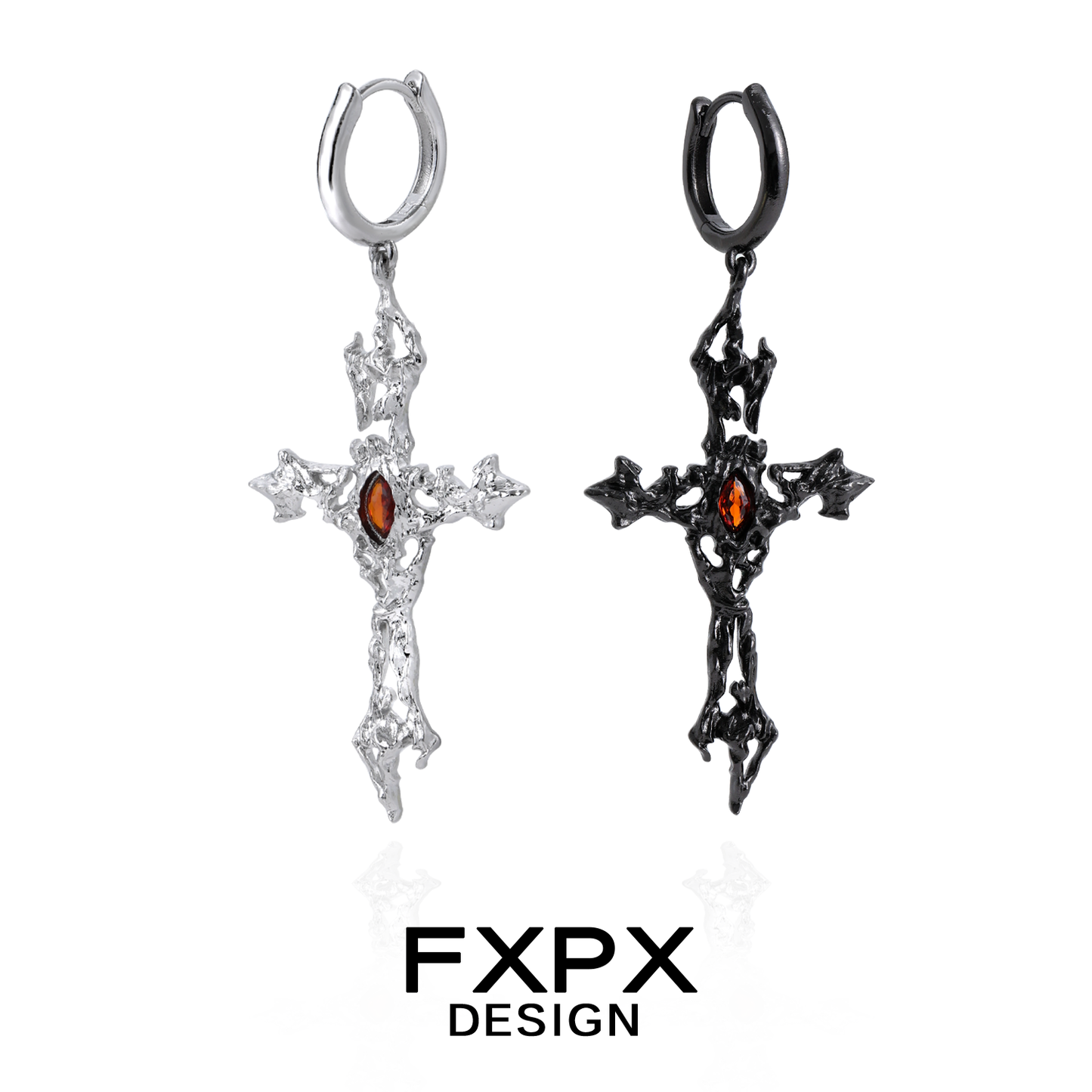 FXPX Gothic Cross Earrings in Silver and Black with Unique Textured Design