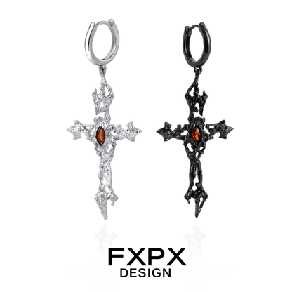 FXPX Gothic Cross Earrings in Silver and Black with Unique Textured Design