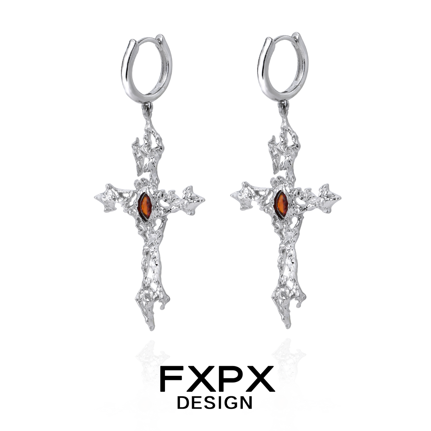 FXPX gothic cross earrings in silver with intricate detailing and a sparkling gemstone