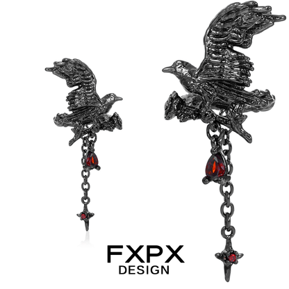 FXPX Gothic Crow Ear Cuffs with Red Gem Accents and Intricate Detailing