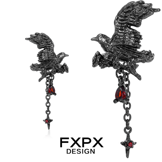 FXPX Gothic Crow Ear Cuffs with Red Gem Accents and Intricate Detailing