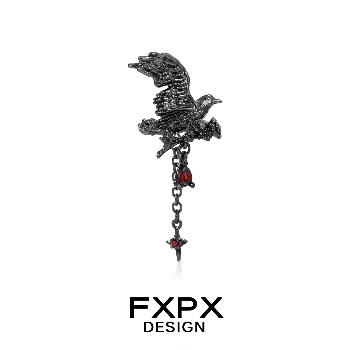 FXPX gothic crow ear cuffs featuring a detailed crow design with gothic elements and red accents