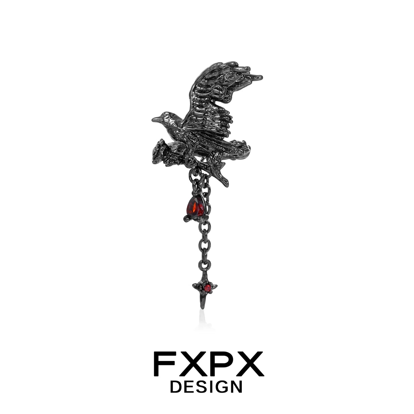 FXPX gothic crow ear cuffs featuring a detailed crow design with red accents
