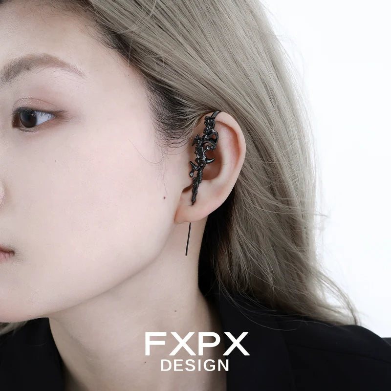 FXPX gothic ear needle jewelry featuring intricate black design for a stylish look