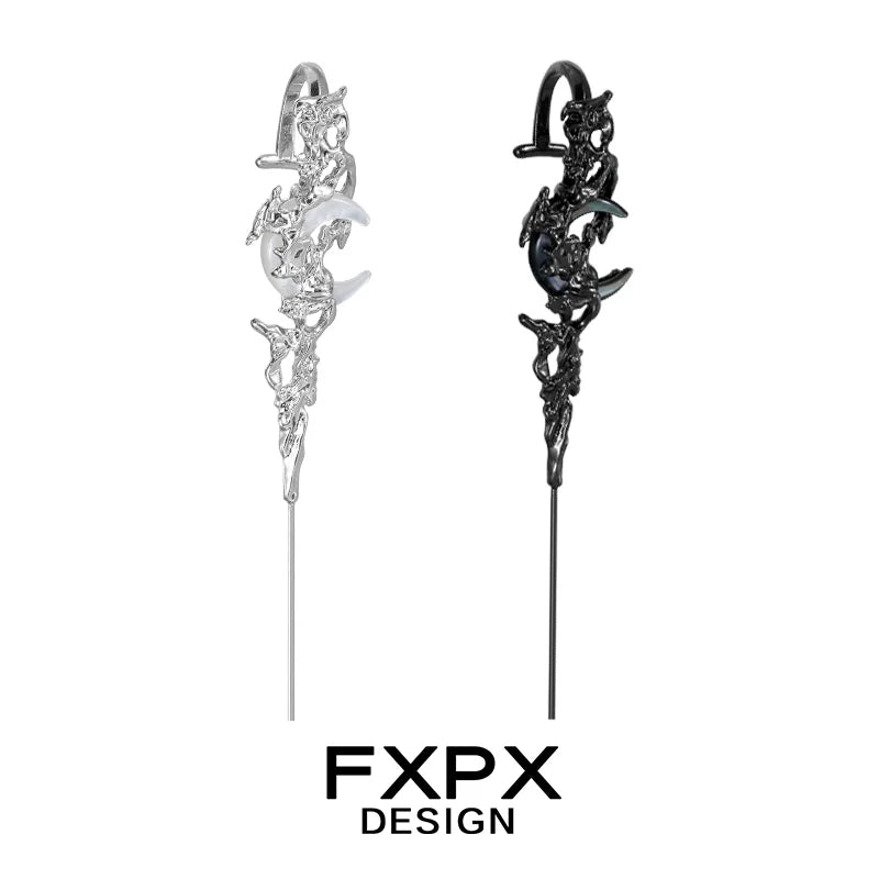 FXPX Gothic ear needle jewelry in silver and black with intricate design for unique style