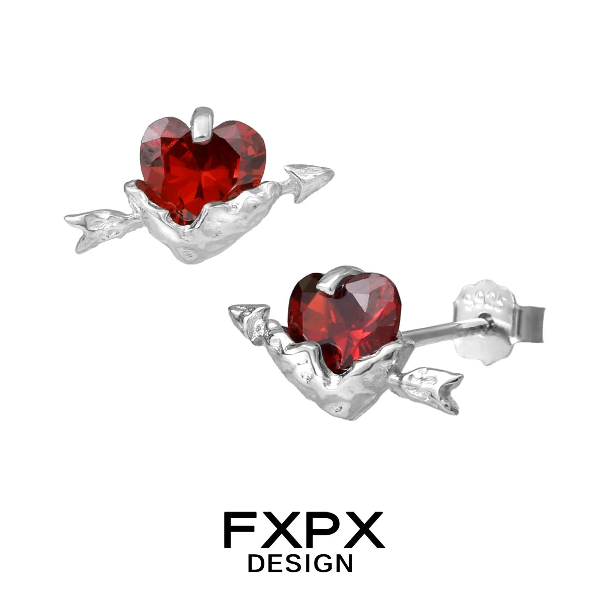 FXPX gothic heart earrings with red gemstone and silver arrow design for a unique look