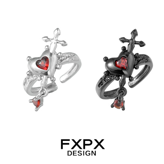 FXPX gothic love promise ring featuring a heart and cross design with red gemstones