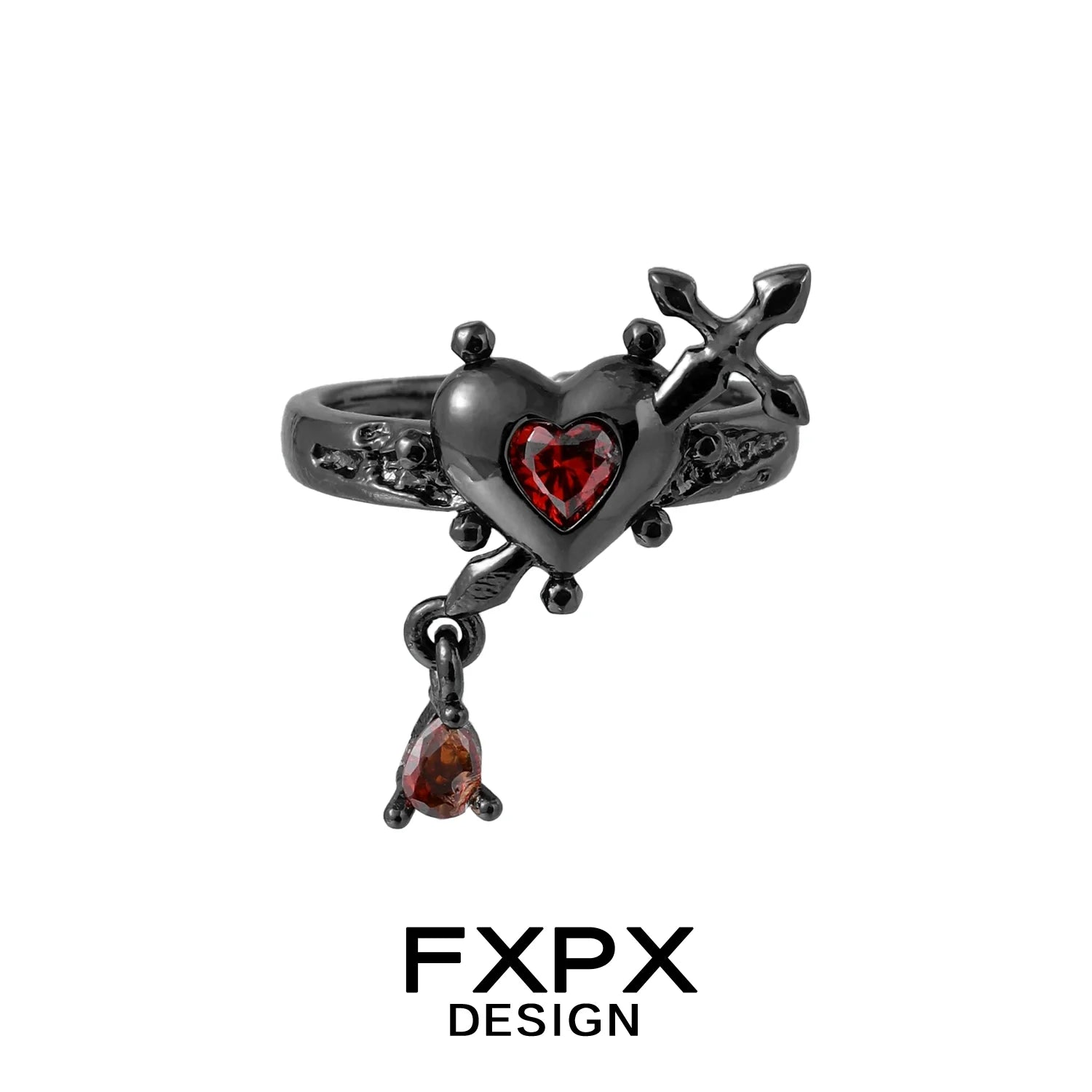 FXPX gothic love promise ring featuring a heart with red gem and cross design