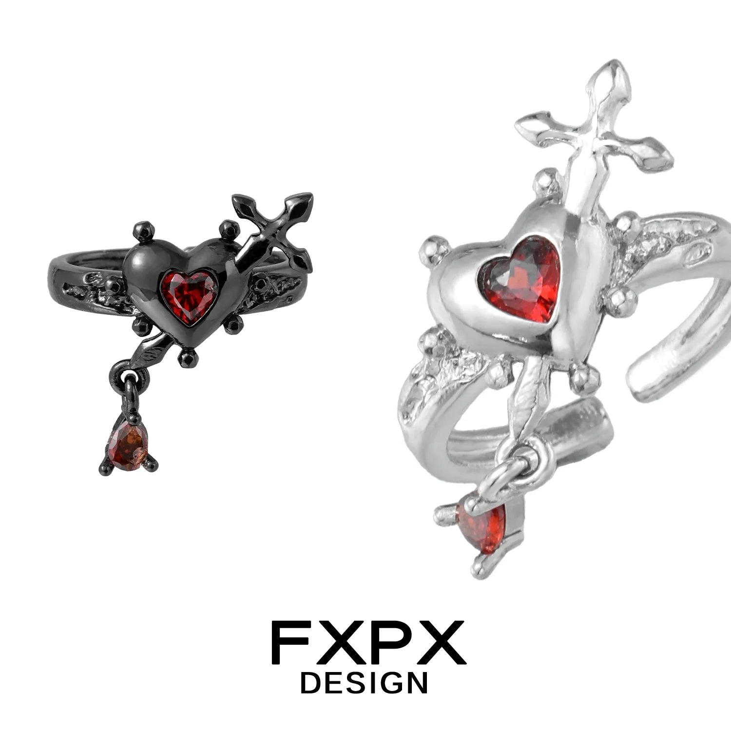 FXPX Gothic Love Promise Ring with Heart and Sword Design, perfect for expressing deep affection
