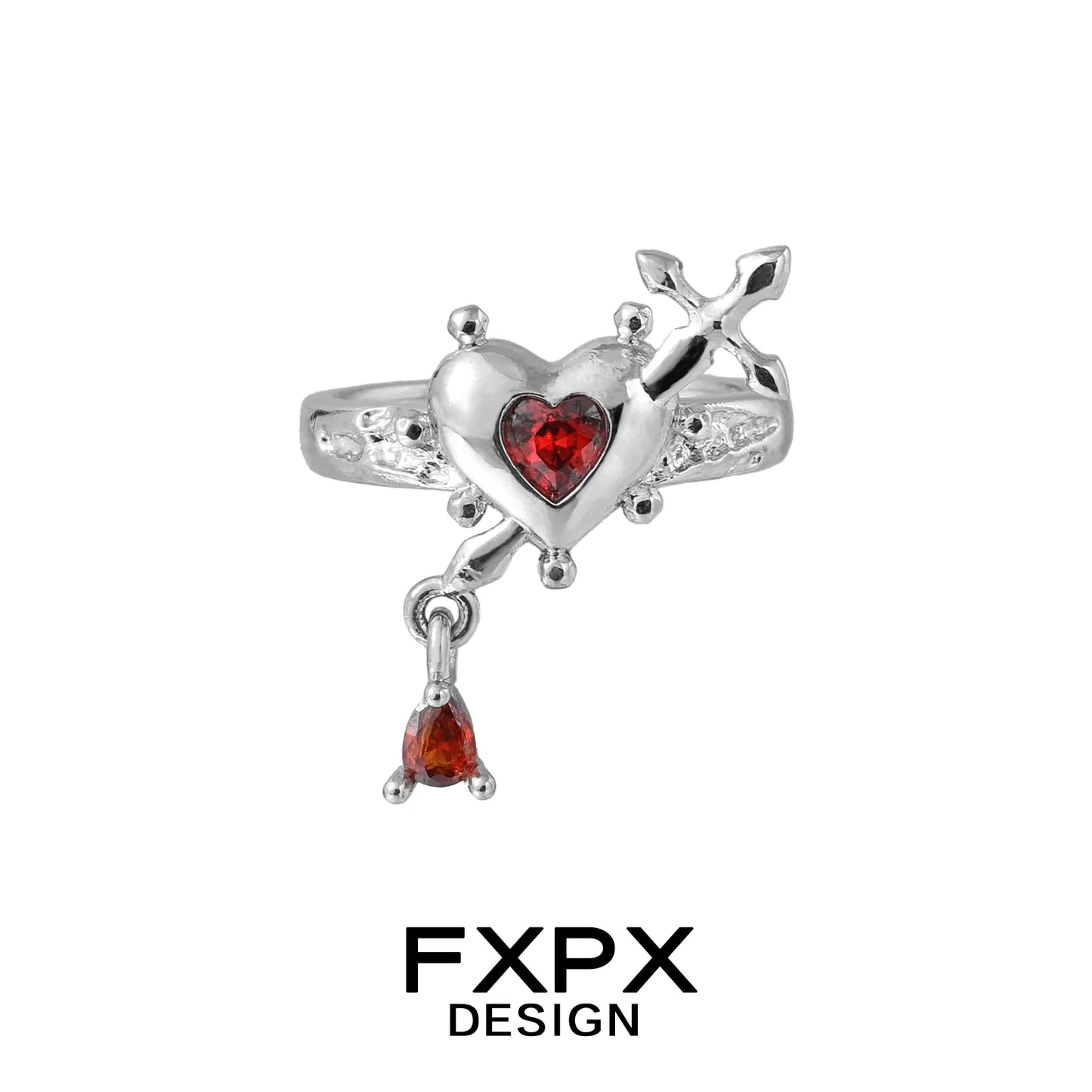 FXPX gothic love promise ring featuring a heart and arrow design with red gemstones