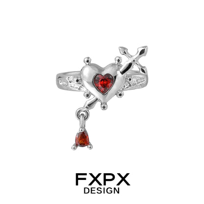 FXPX gothic love promise ring featuring a heart and arrow design with red gemstones