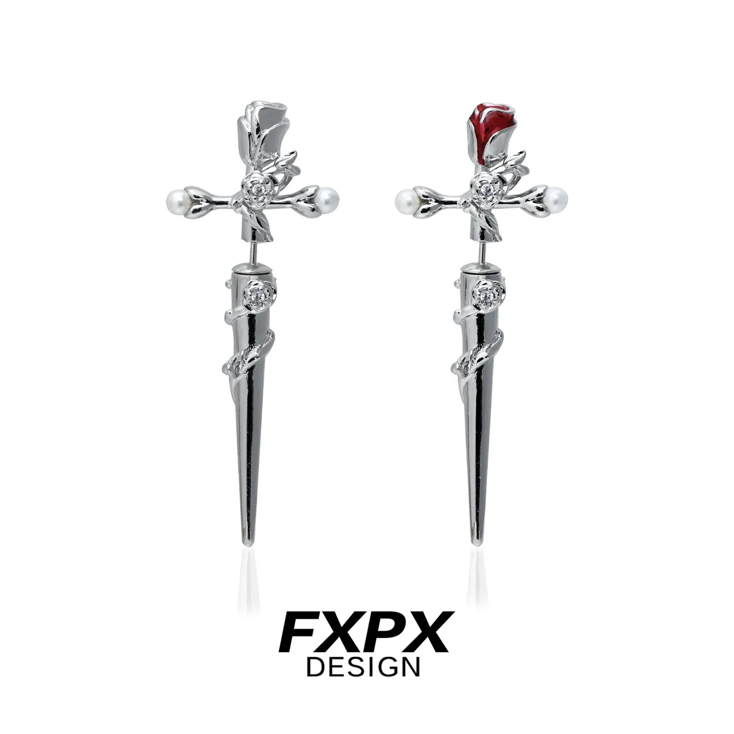 FXPX gothic rose cross earrings featuring silver tone with red rose details and pearl accents