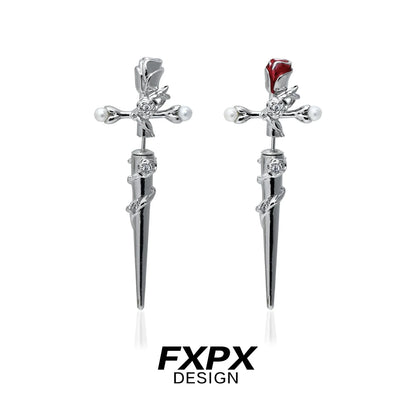 FXPX gothic rose cross earrings featuring silver tone with red rose details and pearl accents