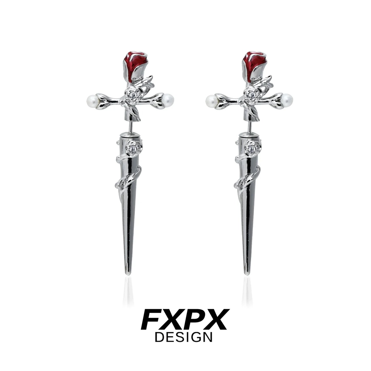 FXPX Gothic Rose Cross Earrings with Red Rose Detail and Elegant Silver Finish