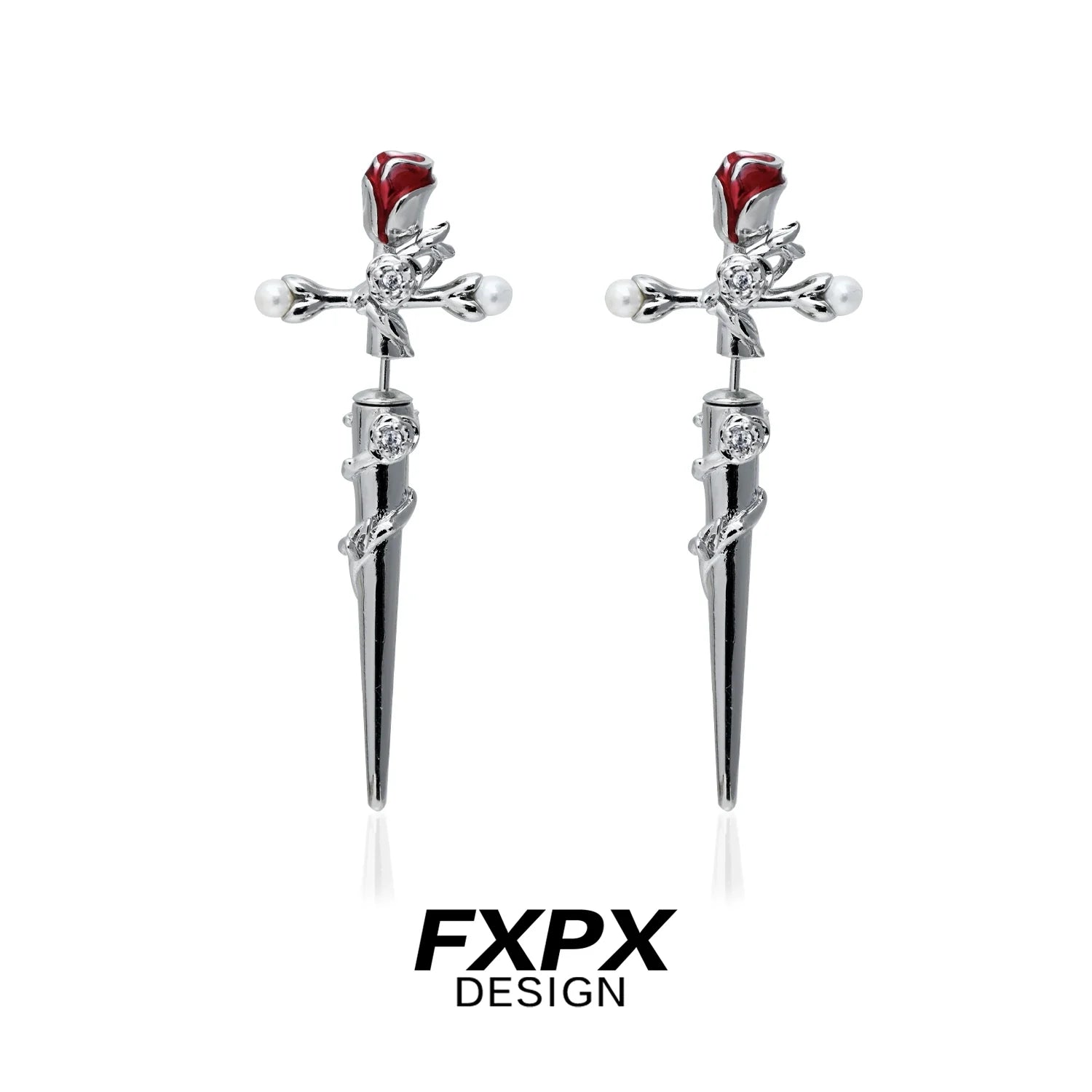 FXPX Gothic Rose Cross Earrings with Red Rose Detail and Elegant Silver Finish
