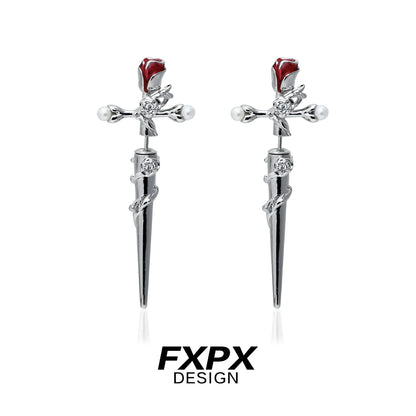 FXPX Gothic Rose Cross Earrings with Red Rose Detail and Elegant Silver Finish