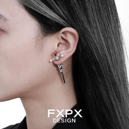 FXPX Gothic rose cross earrings with red accents for a stylish edgy look