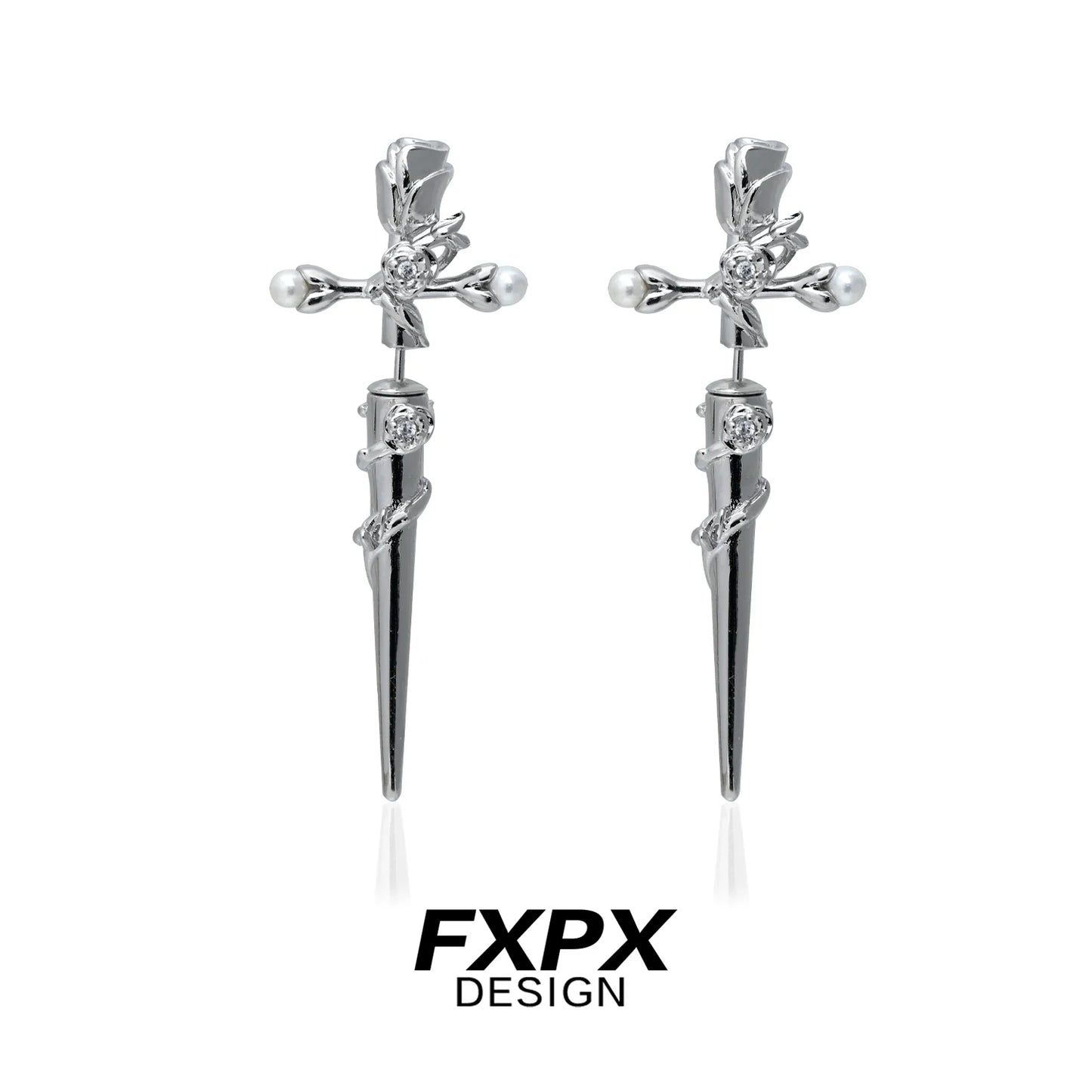 FXPX gothic rose cross earrings featuring elegant rose and cross design in silver finish