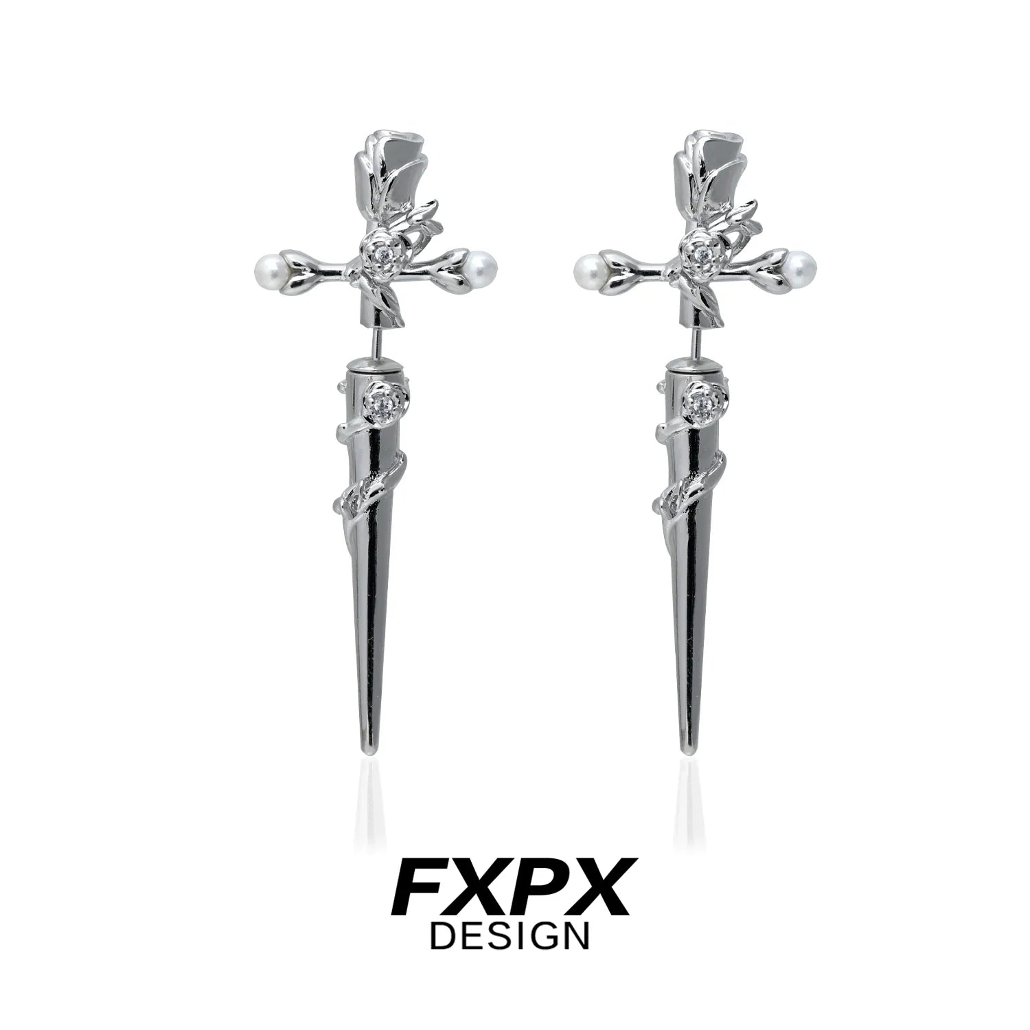 FXPX gothic rose cross earrings featuring elegant rose and cross design in silver finish