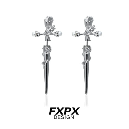 FXPX gothic rose cross earrings featuring elegant rose and cross design in silver finish