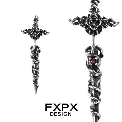FXPX gothic rose red zircon earrings in silver with intricate rose and thorn design