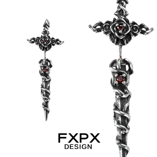 FXPX gothic rose red zircon earrings in silver with intricate rose and thorn design
