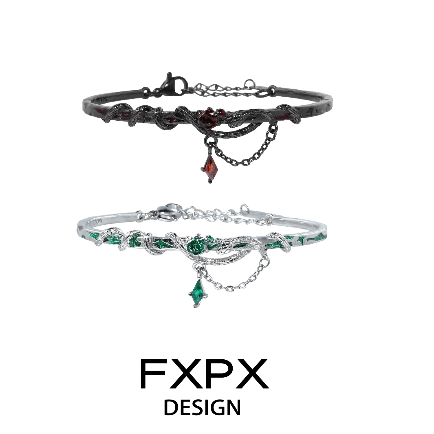 FXPX gothic rose snake bracelet in silver and black with intricate details and decorative charms