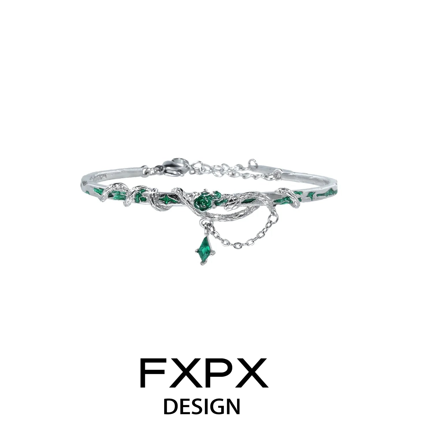 FXPX Gothic Rose Snake Bracelet with Green Gems and Elegant Chain Detail