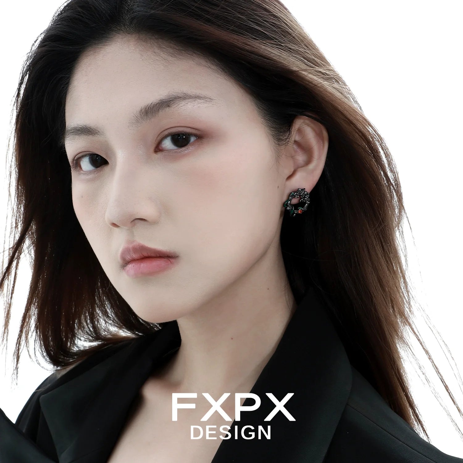 Elegant gothic rose snake earrings by FXPX featuring intricate design and dark floral accents