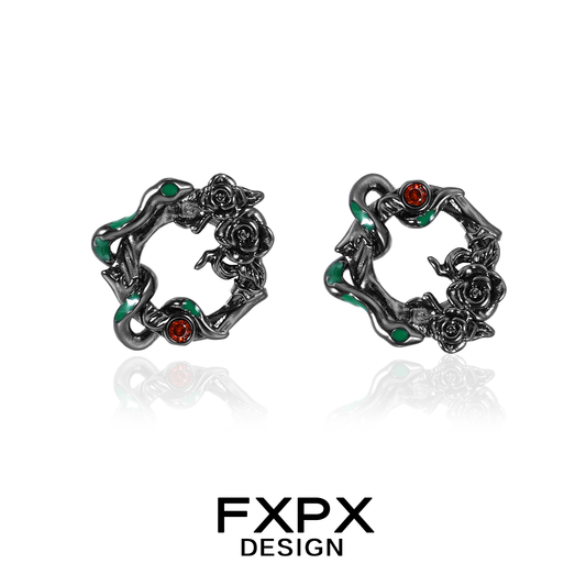 FXPX gothic rose snake earrings featuring intricate snake and rose designs with emerald and red accents