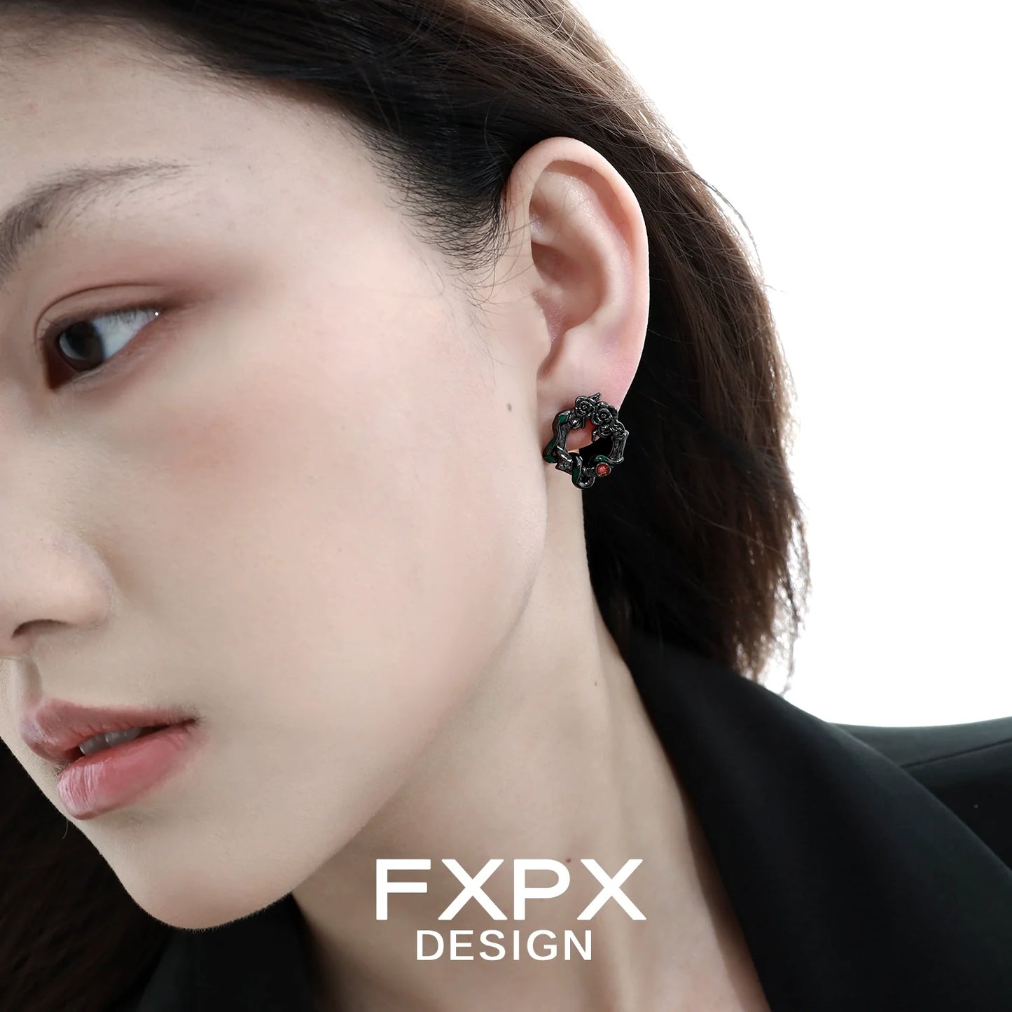 FXPX gothic rose snake earrings featuring intricate design and elegant black and red tones
