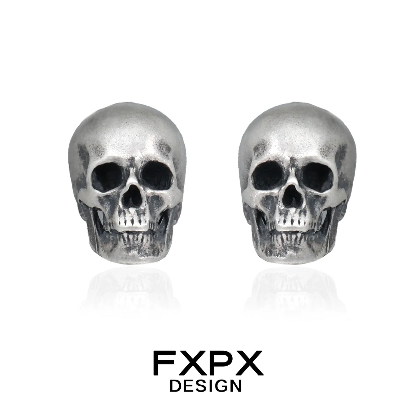 Gothic skull silver earrings by FXPX design featuring detailed skull motifs for a bold look
