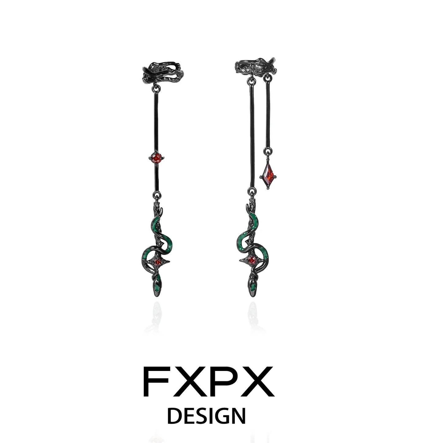 FXPX gothic snake ear cuff featuring intricate design with green and red accents