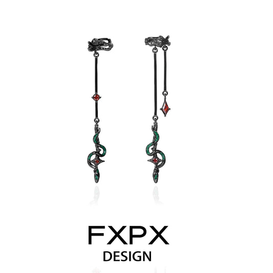 FXPX gothic snake ear cuff featuring intricate design with green and red accents