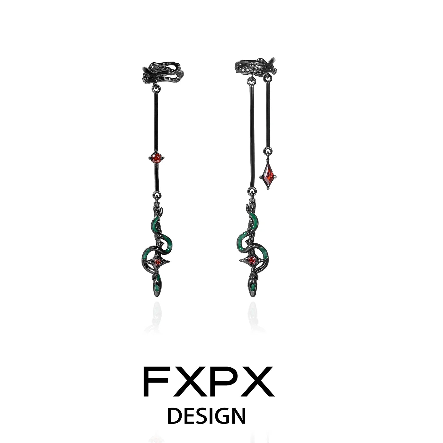 FXPX gothic snake ear cuff featuring intricate snake design with red and green accents
