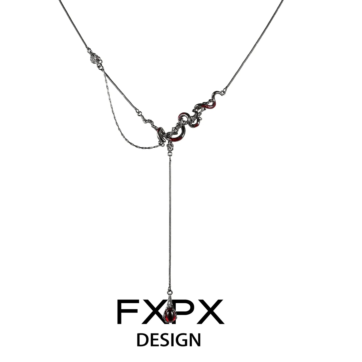 FXPX gothic snake necklace featuring intricate design with red accents and a stylish drop pendant
