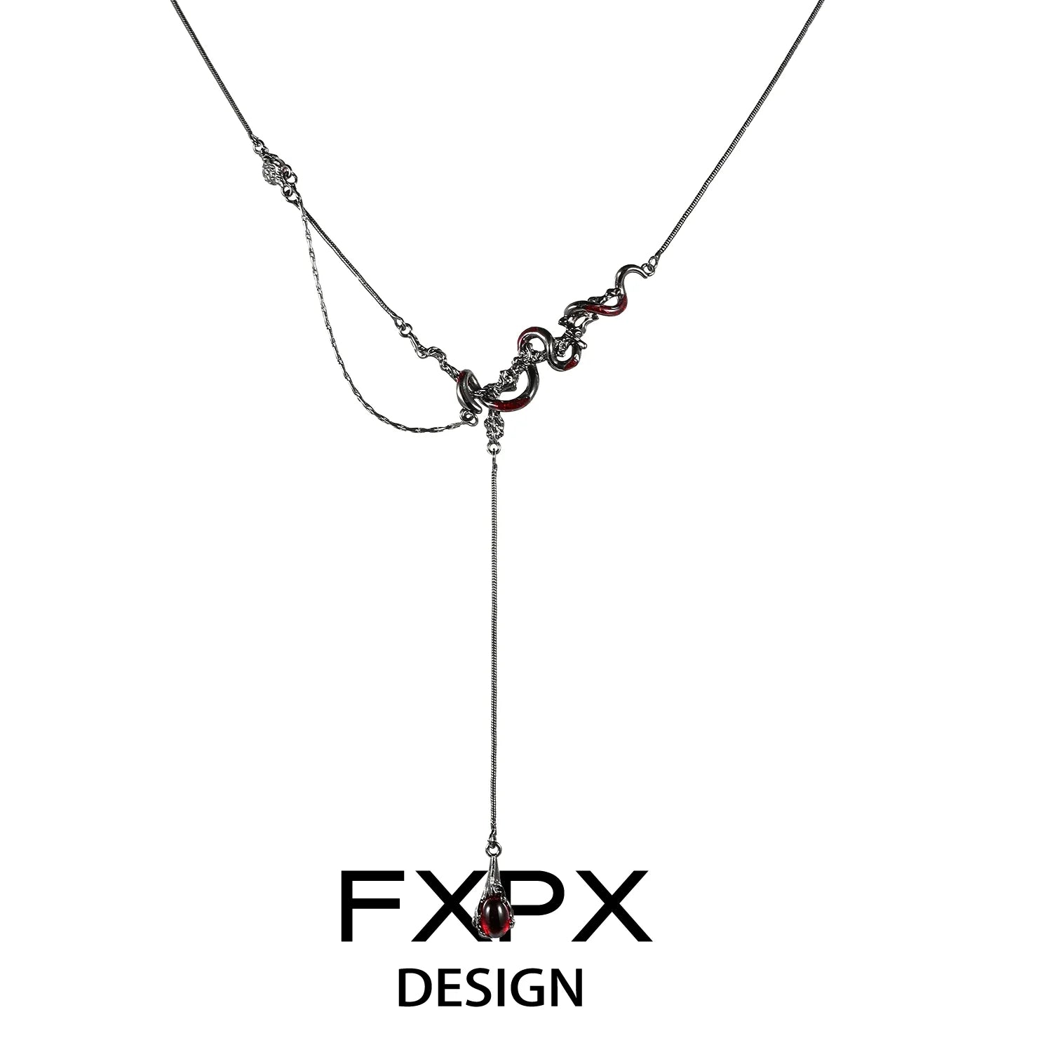 FXPX gothic snake necklace featuring intricate design with red accents and a stylish drop pendant