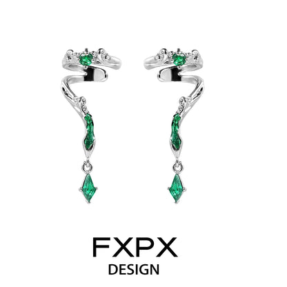FXPX gothic viper ear cuff in silver with green gemstone accents and a unique snake design