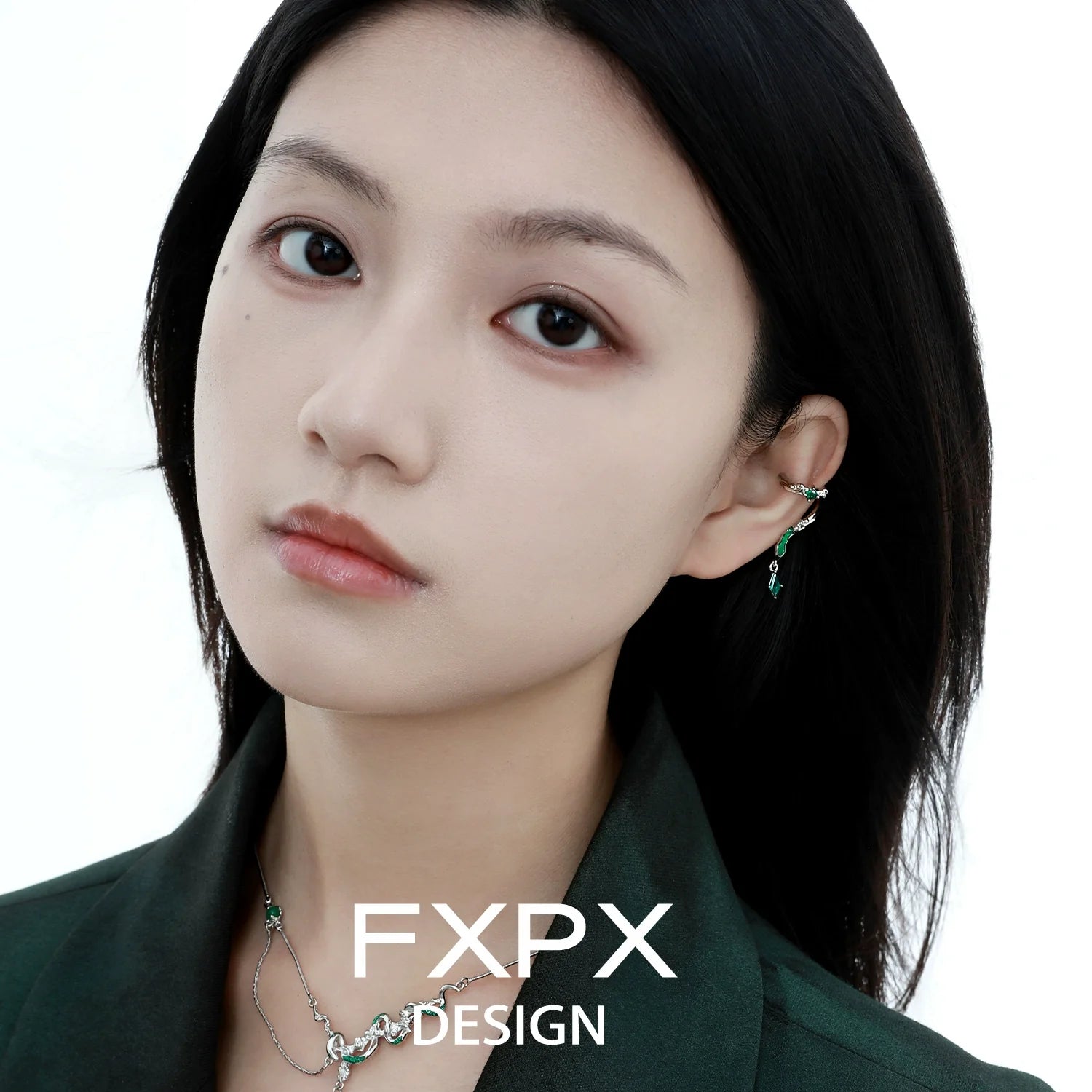 FXPX Gothic Viper Ear Cuff in Silver with Green Accents for a Unique Stylish Look