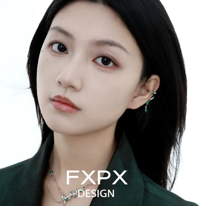 FXPX Gothic Viper Ear Cuff in Silver with Green Accents for a Unique Stylish Look