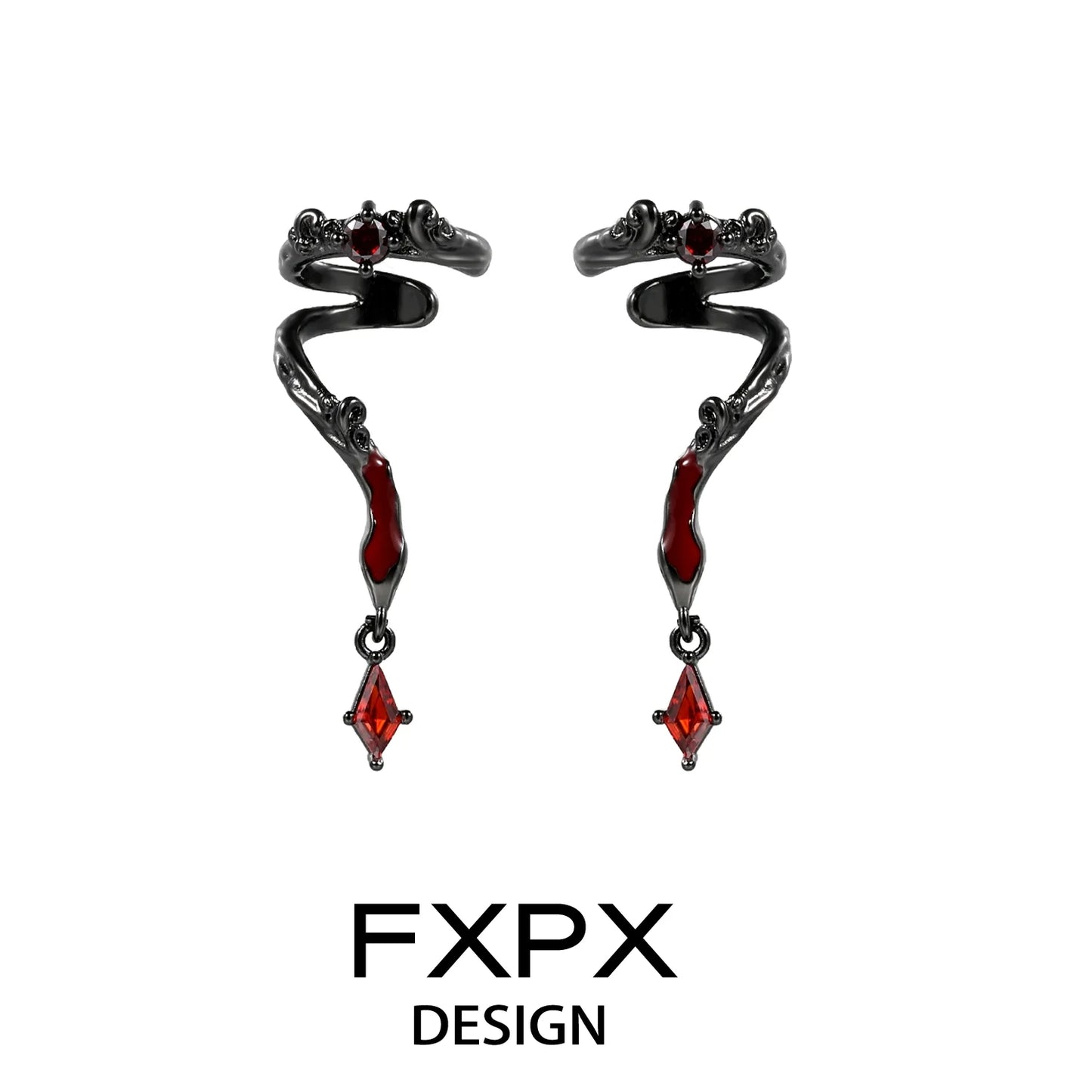 FXPX Gothic Viper Ear Cuff with Red Accents and Elegant Snake Design