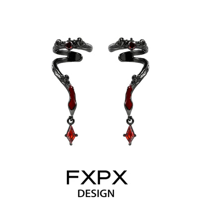 FXPX Gothic Viper Ear Cuff with Red Accents and Elegant Snake Design