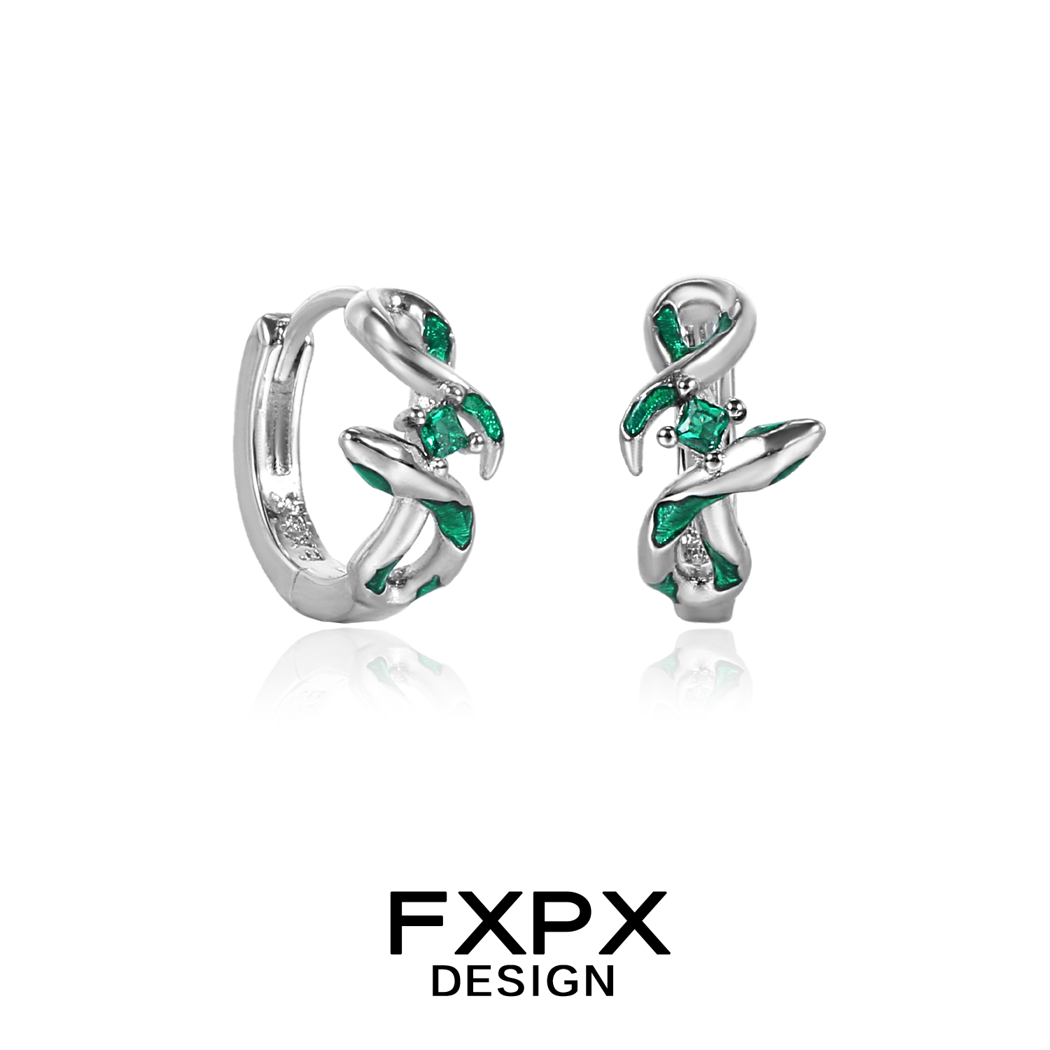 Stylish FXPX silver earrings featuring green snake design with sparkling accents