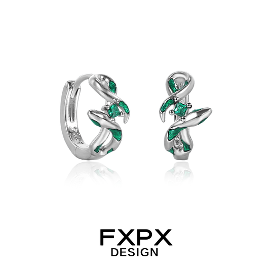 Stylish FXPX silver earrings featuring green snake design with sparkling accents