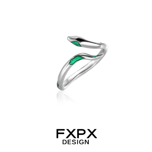Stylish FXPX green snake ring for women with sleek silver design and vibrant green accents