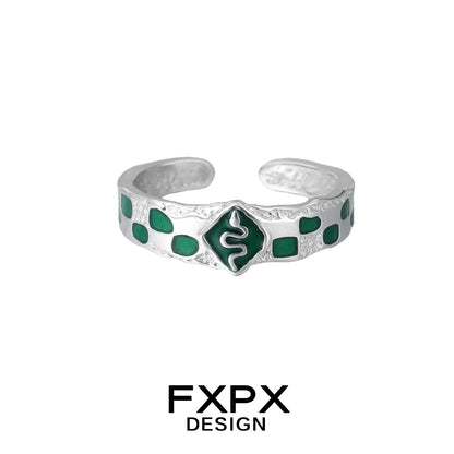 FXPX Green Snake Ring in Silver with Green Enamel Detailing and Unique Design