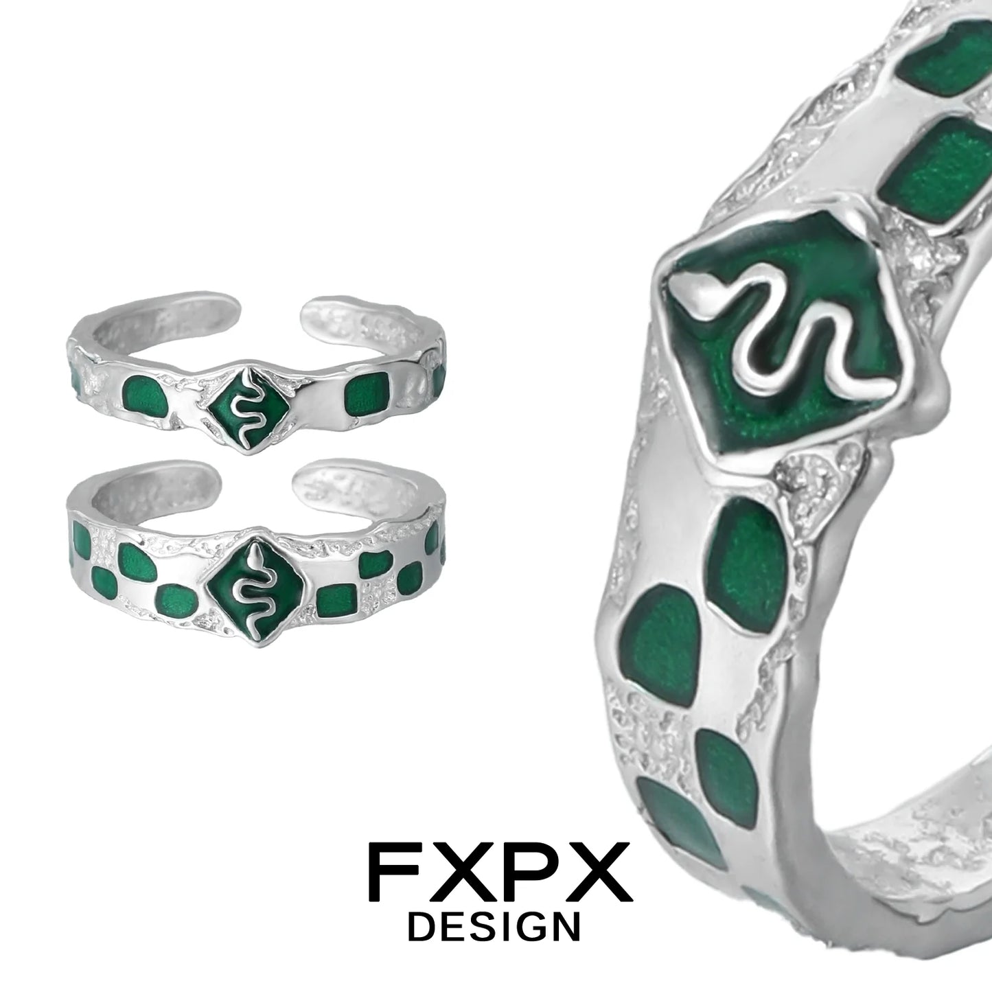 Unique FXPX green snake ring in silver with detailed snake design and emerald green accents