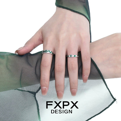 FXPX Silver Green Snake Ring with Emerald Green Accents on Hand with Sheer Green Fabric